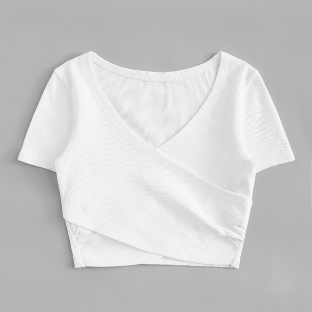 Rib Knit Cross Front Crop Tee